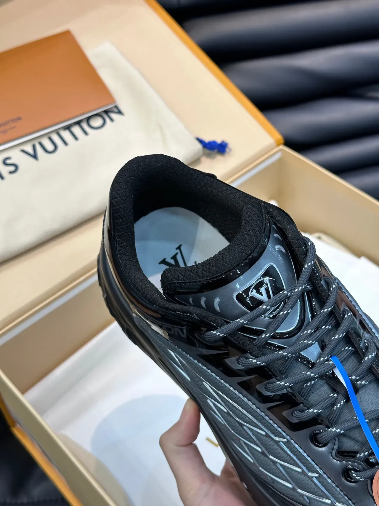 Louis Vuitton Black Gray Glossy Patent Geometric Overlay Detailing Lifestyle Sneakers 5