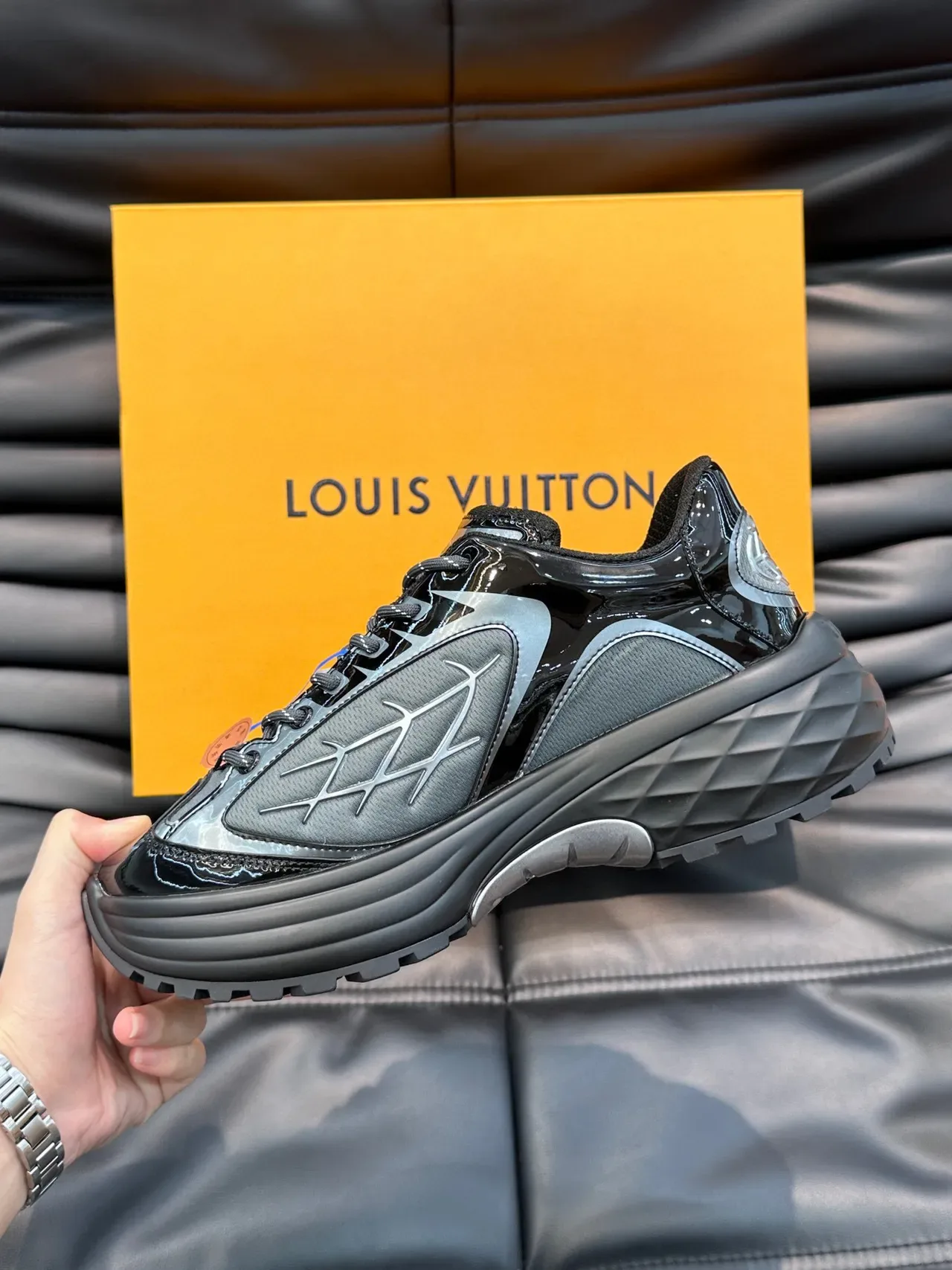 Louis Vuitton Black Gray Glossy Patent Geometric Overlay Detailing Lifestyle Sneakers 6