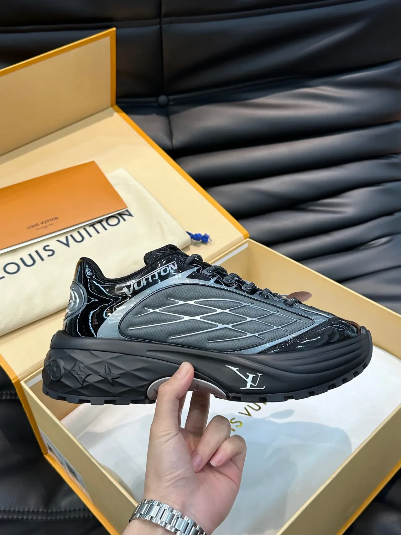 Louis Vuitton Black Gray Glossy Patent Geometric Overlay Detailing Lifestyle Sneakers 7