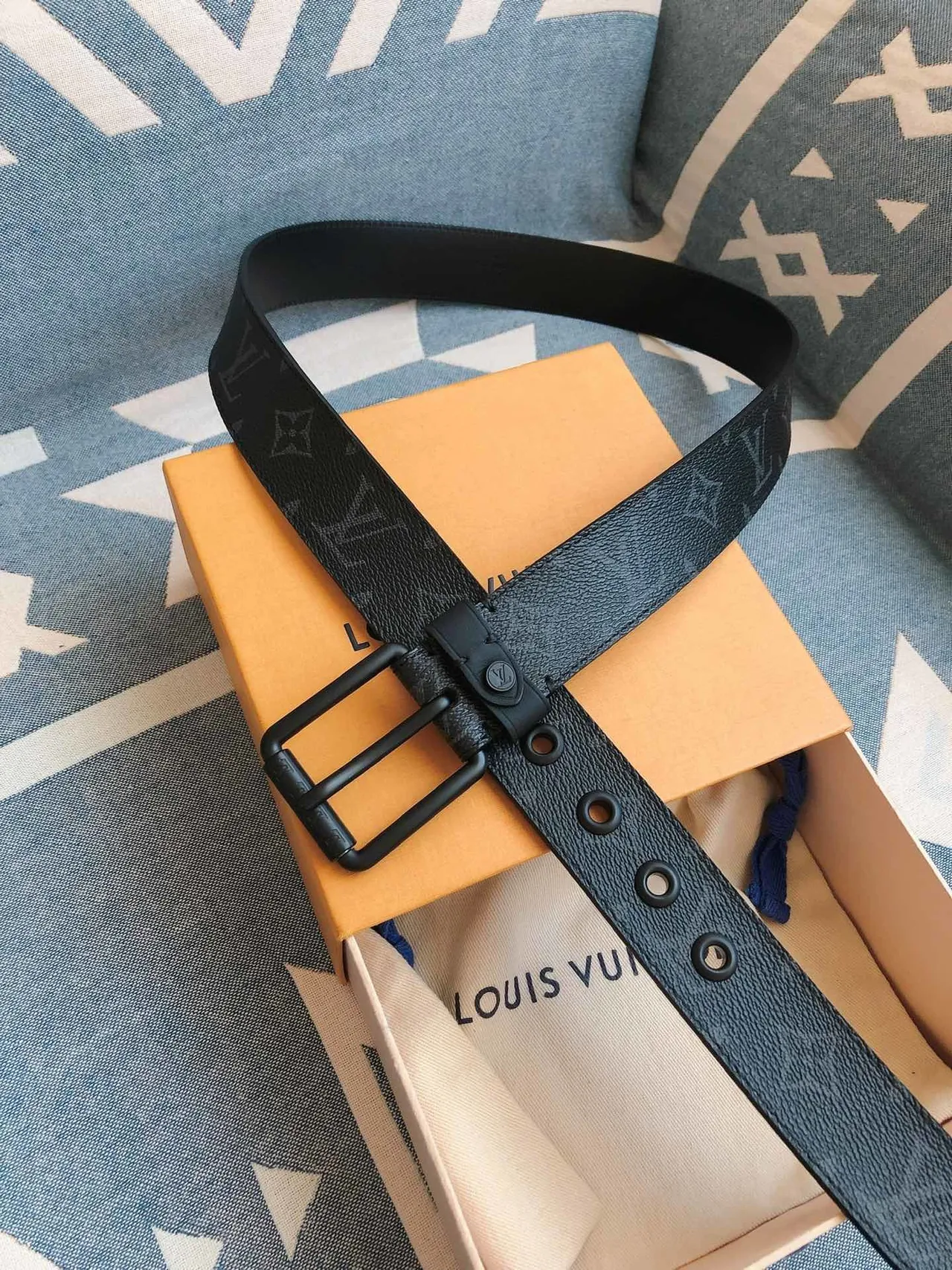 Louis Vuitton Black Gray Monogram-Coated Matte Hardware Leather Belt 4