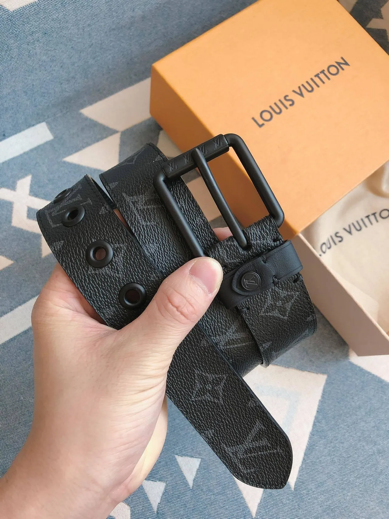 Louis Vuitton Black Gray Monogram-Coated Matte Hardware Leather Belt 5