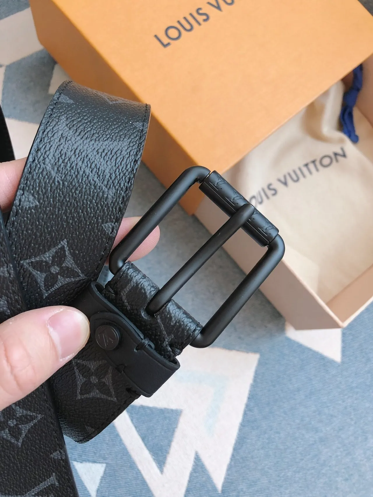 Louis Vuitton Black Gray Monogram-Coated Matte Hardware Leather Belt 8
