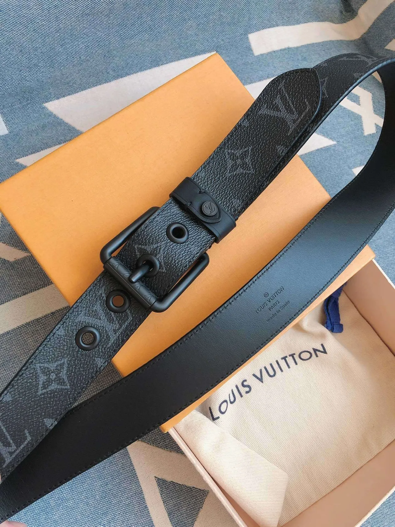 Louis Vuitton Black Gray Monogram-Coated Matte Hardware Leather Belt 9