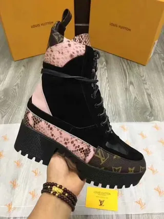 Louis Vuitton Black Pink Platform Sole Mixed-Material Upper Ankle Boots 3