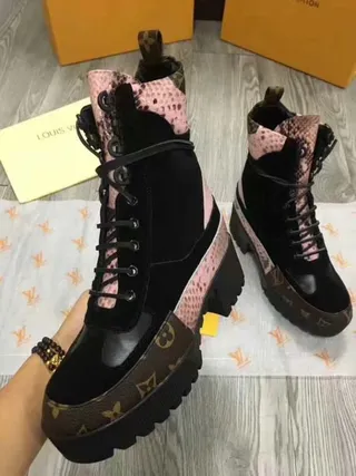 Louis Vuitton Black Pink Platform Sole Mixed-Material Upper Ankle Boots 5