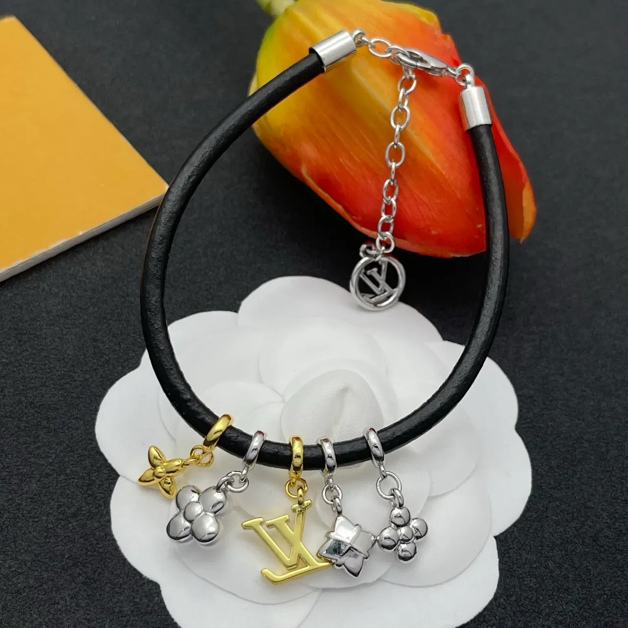 Louis Vuitton Black Silver Cord Multi-Charm Bracelet 4
