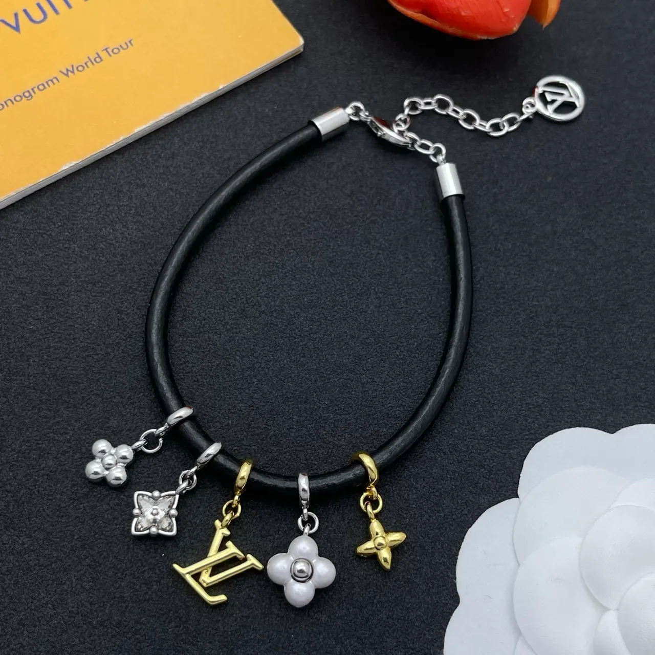 Louis Vuitton Black Silver Cord Multi-Charm Bracelet 7
