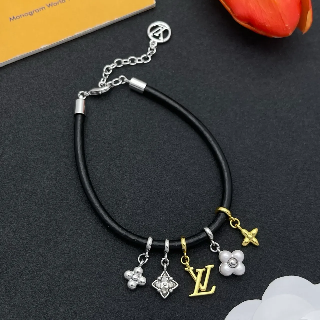 Louis Vuitton Black Silver Cord Multi-Charm Bracelet 8