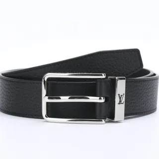 Louis Vuitton Black Silver Pebbled Rectangular Buckle Leather Belt