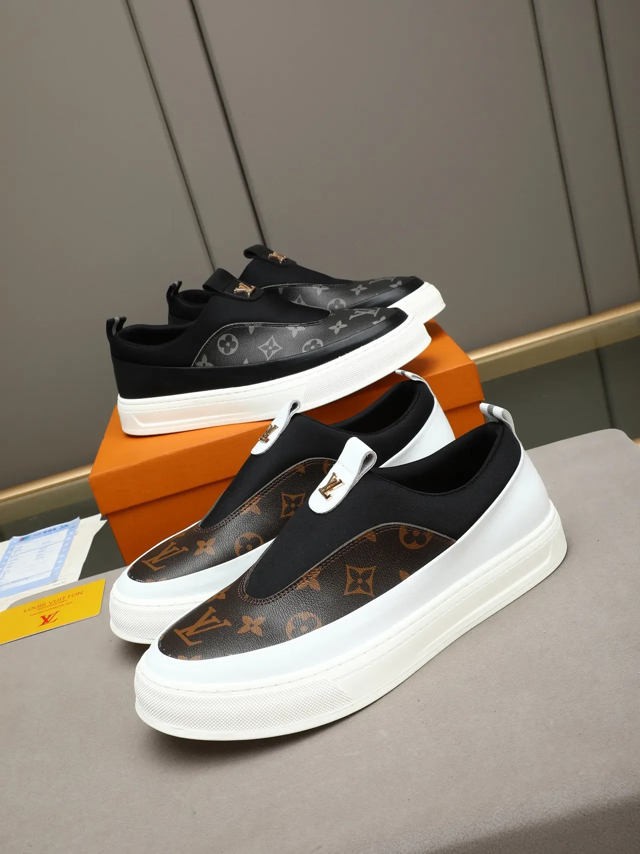 Louis Vuitton Black White Slip-On Monogrammed Toe Cap Lifestyle Sneakers 2