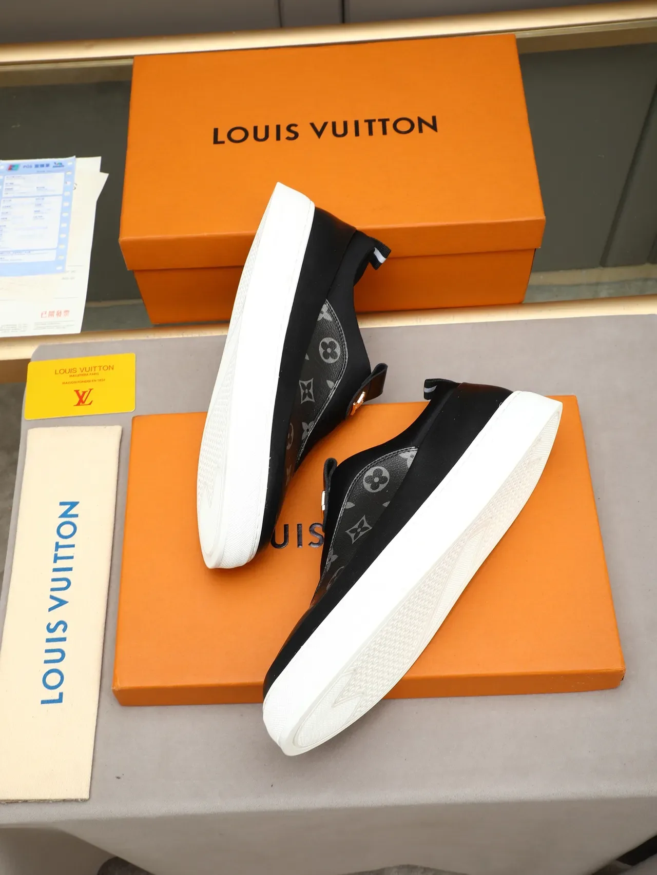 Louis Vuitton Black White Slip-On Monogrammed Toe Cap Lifestyle Sneakers 3