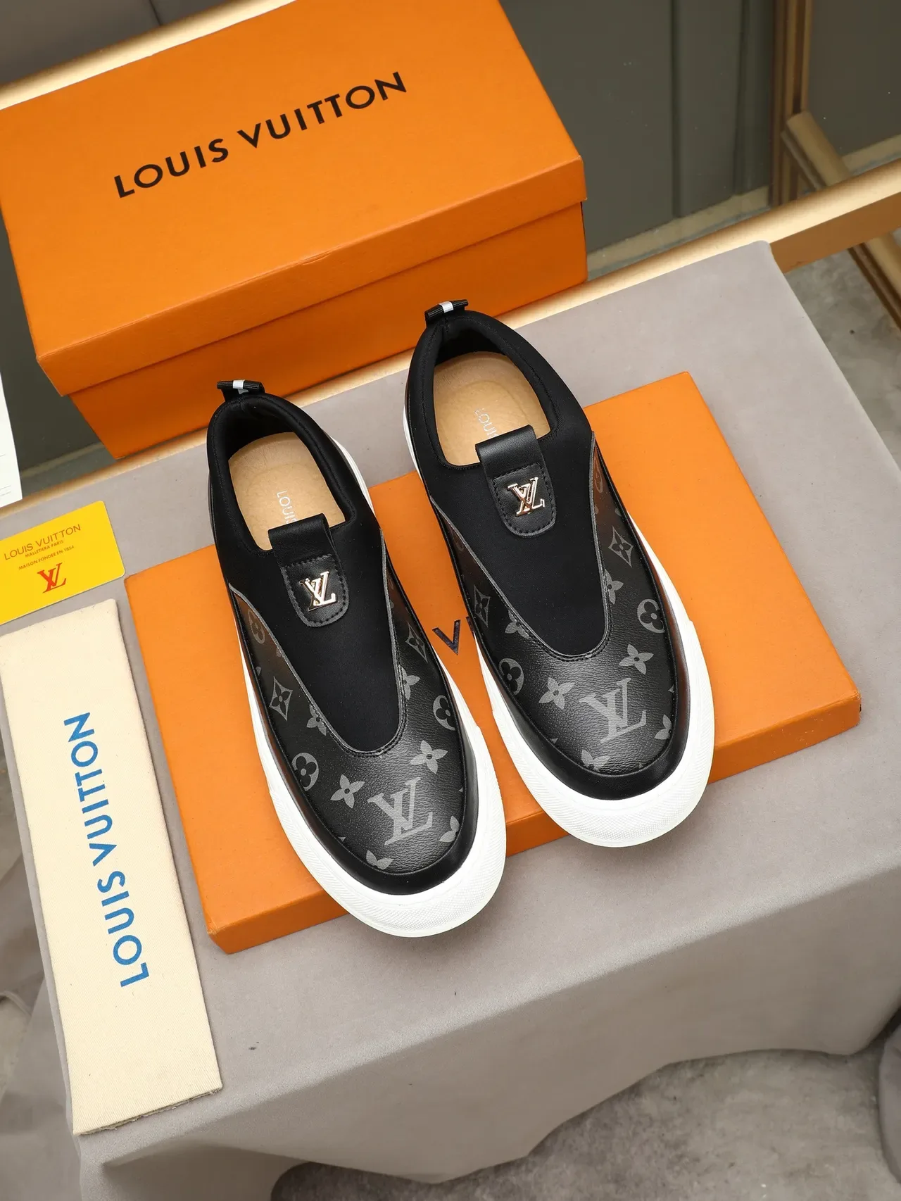 Louis Vuitton Black White Slip-On Monogrammed Toe Cap Lifestyle Sneakers 4
