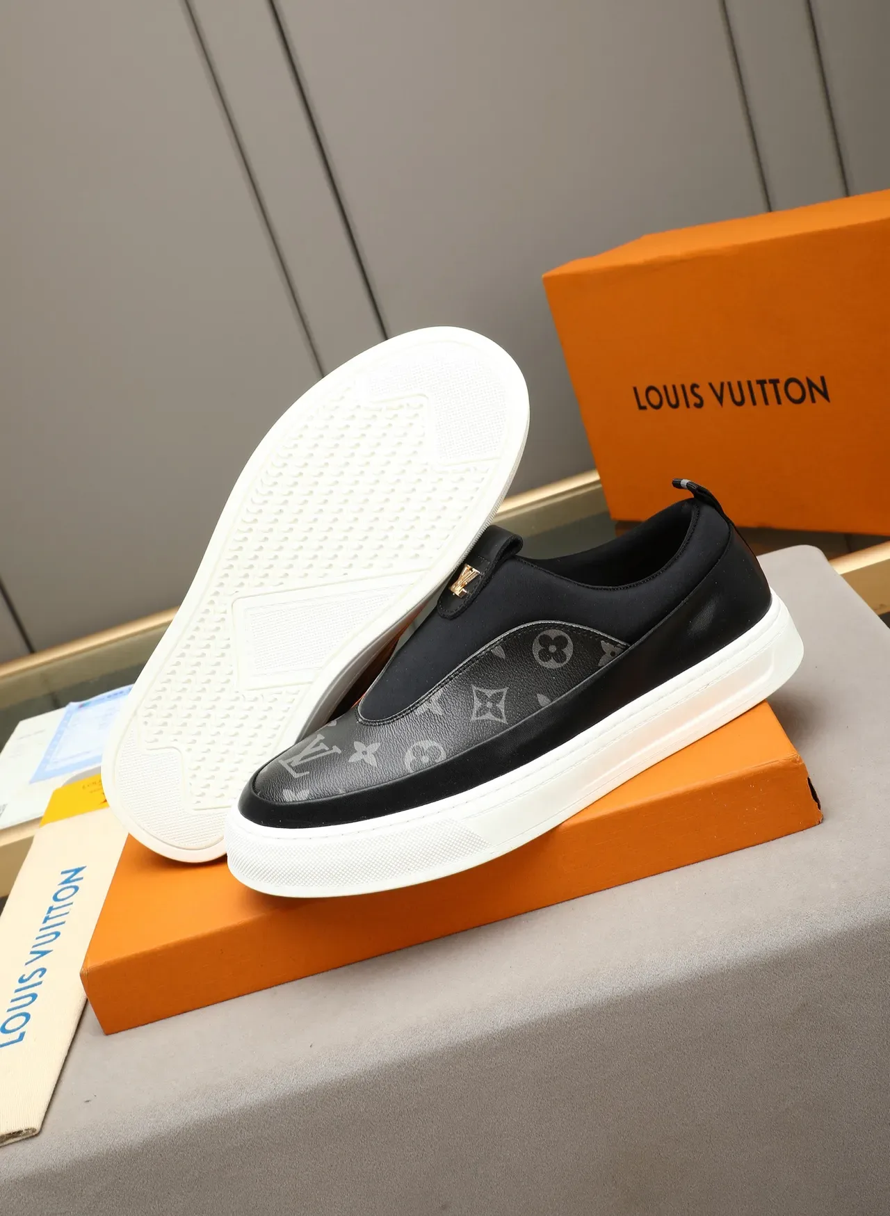 Louis Vuitton Black White Slip-On Monogrammed Toe Cap Lifestyle Sneakers 5