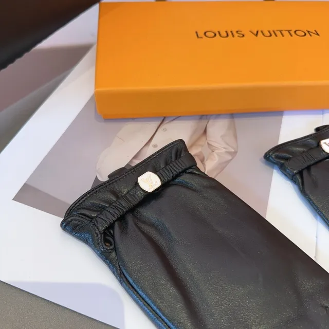 Louis Vuitton Black White Smooth Elasticated Wrist Cuff Leather Gloves 5