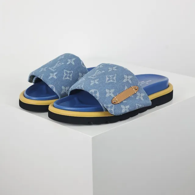 Louis Vuitton Blue Yellow Monogrammed Denim Strap Tan Leather Hardware Tab Slippers 2