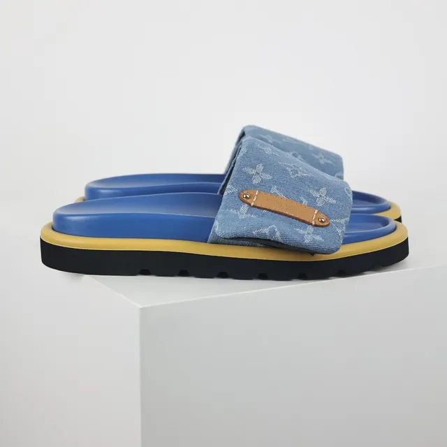 Louis Vuitton Blue Yellow Monogrammed Denim Strap Tan Leather Hardware Tab Slippers 3