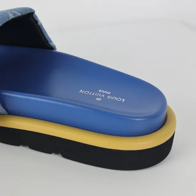 Louis Vuitton Blue Yellow Monogrammed Denim Strap Tan Leather Hardware Tab Slippers 4