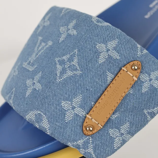 Louis Vuitton Blue Yellow Monogrammed Denim Strap Tan Leather Hardware Tab Slippers 6