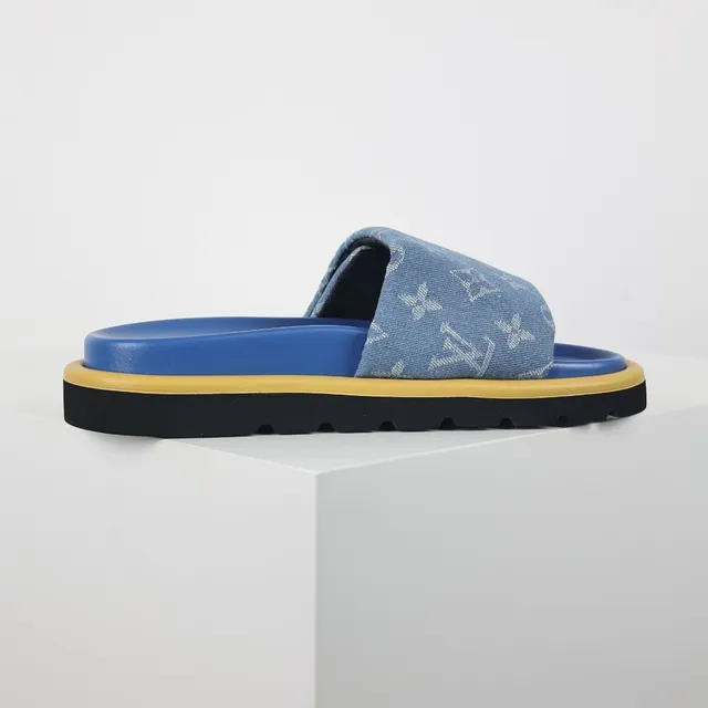 Louis Vuitton Blue Yellow Monogrammed Denim Strap Tan Leather Hardware Tab Slippers 7