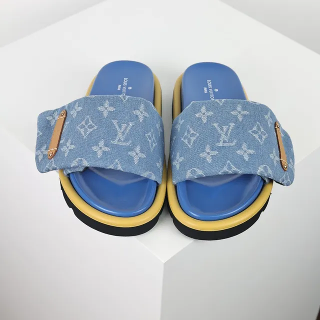 Louis Vuitton Blue Yellow Monogrammed Denim Strap Tan Leather Hardware Tab Slippers 8