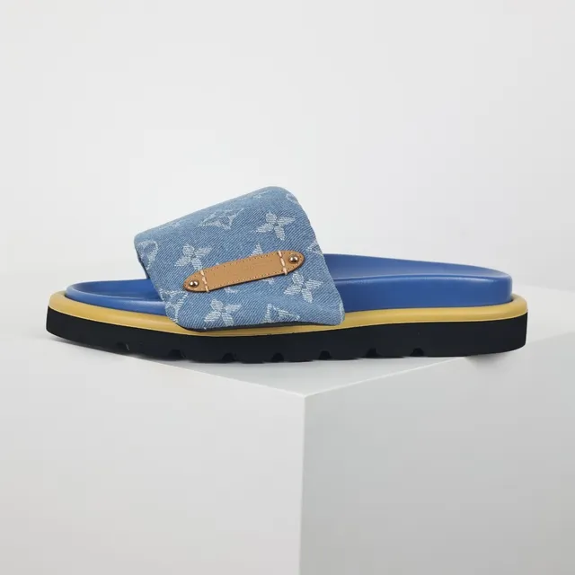 Louis Vuitton Blue Yellow Monogrammed Denim Strap Tan Leather Hardware Tab Slippers 9