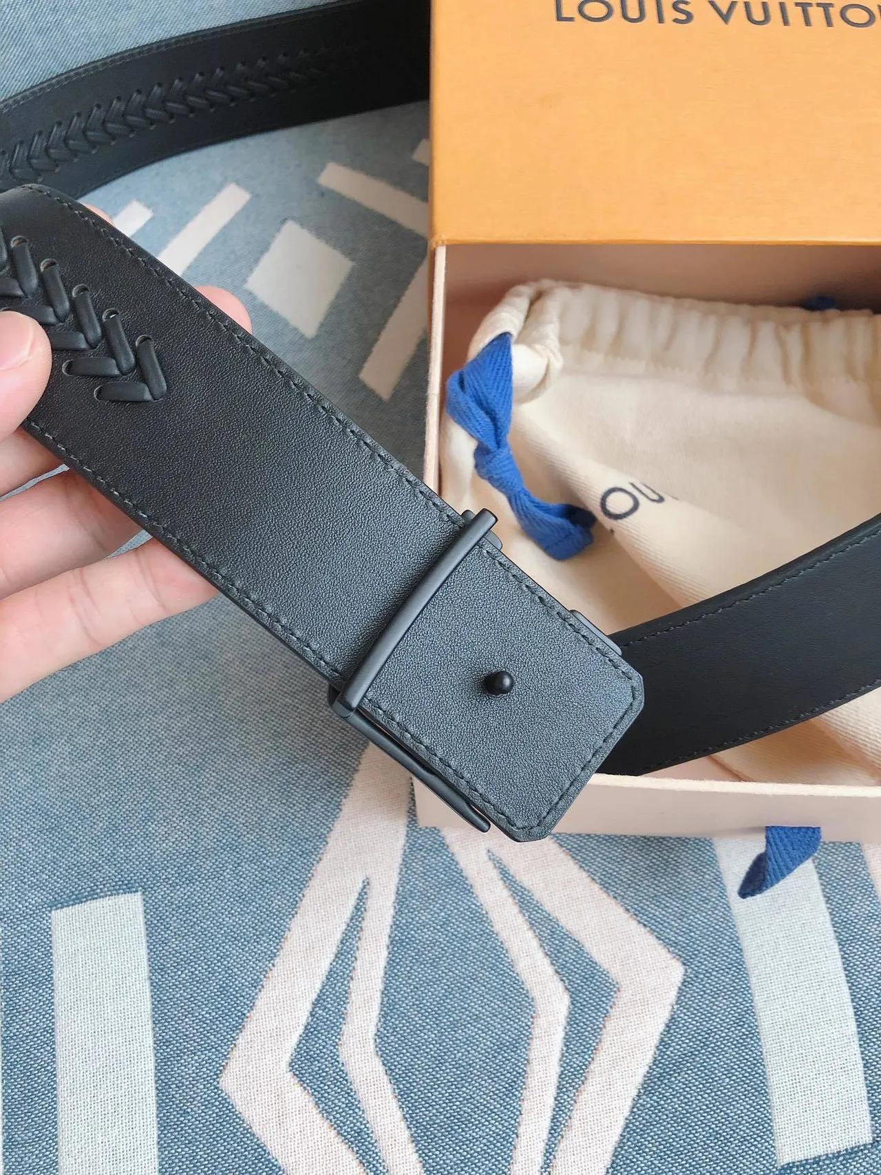 Louis Vuitton Braided Black Matte Embossed Strap Leather Belt 5