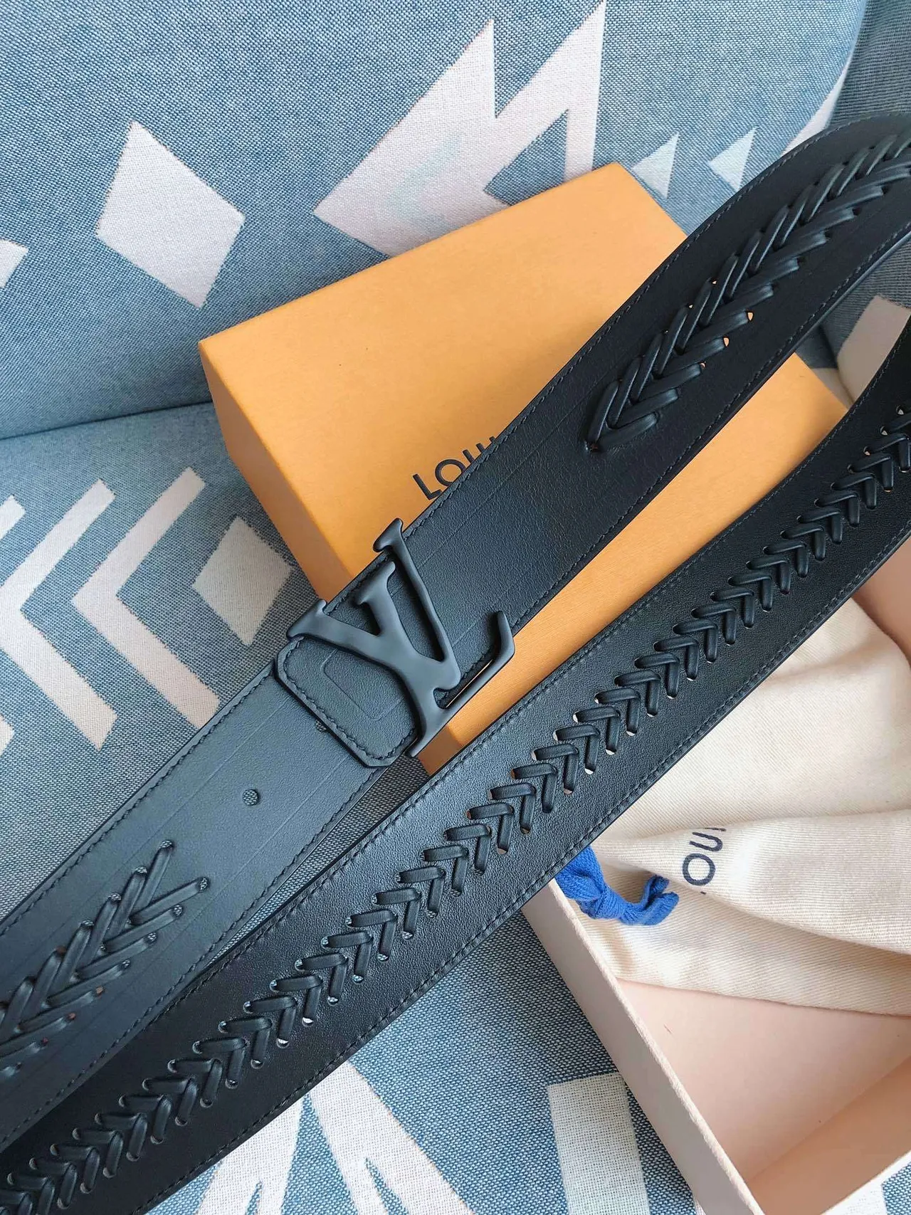 Louis Vuitton Braided Black Matte Embossed Strap Leather Belt 7