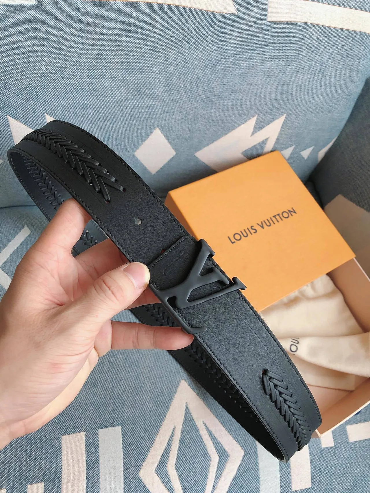 Louis Vuitton Braided Black Matte Embossed Strap Leather Belt 8