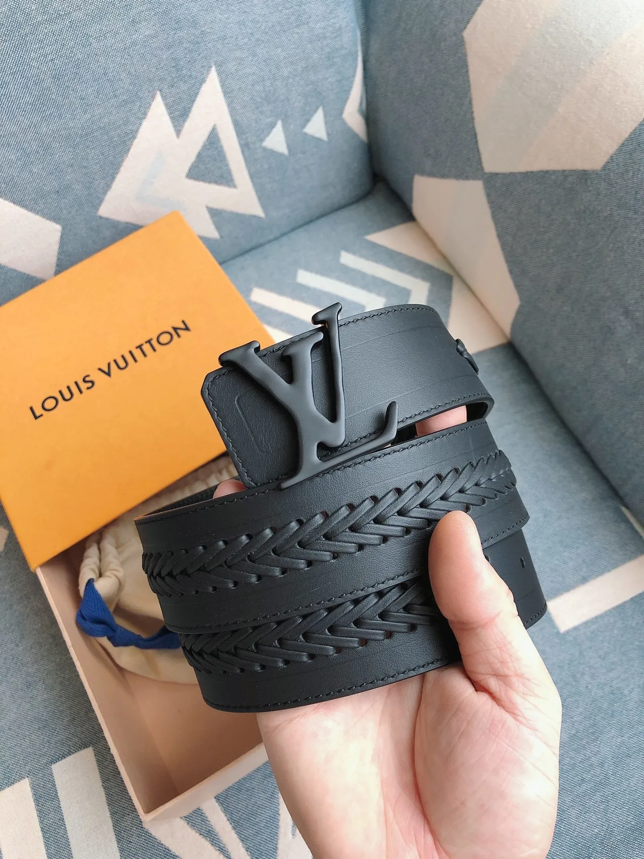 Louis Vuitton Braided Black Matte Embossed Strap Leather Belt 9