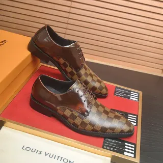 Louis Vuitton Brown Beige Polished Leather Damier Check Canvas Panels Oxford Shoes