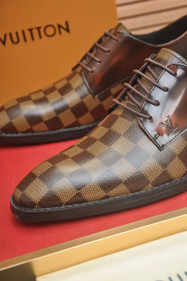 Louis Vuitton Chaussures Oxford Cuir Poli Marron Beige Damier Check Panneaux Canvas 2