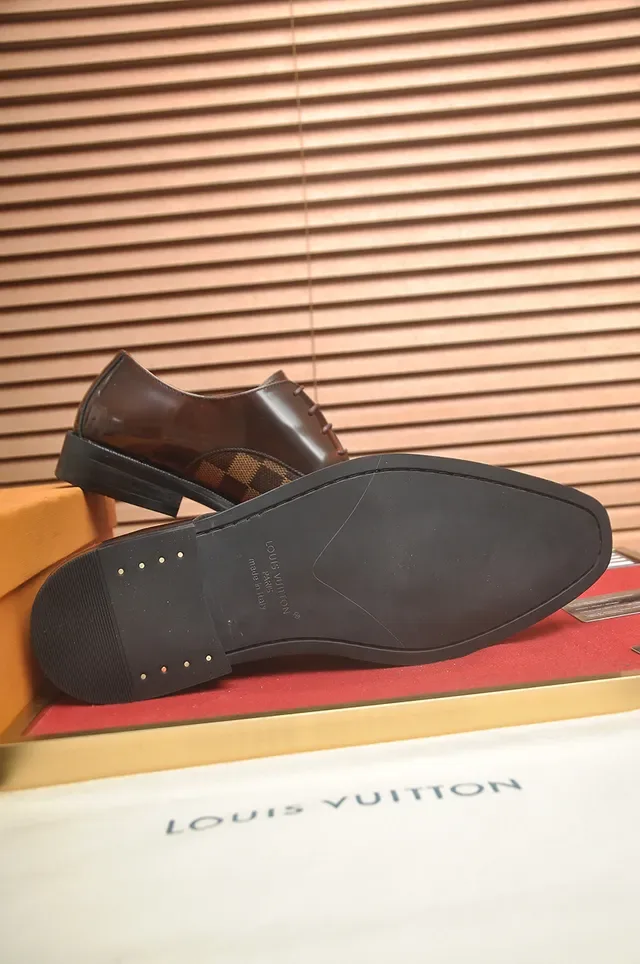 Louis Vuitton Chaussures Oxford Cuir Poli Marron Beige Damier Check Panneaux Canvas 3