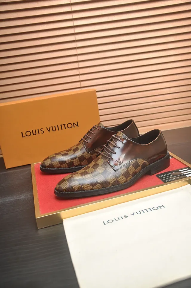 Louis Vuitton Chaussures Oxford Cuir Poli Marron Beige Damier Check Panneaux Canvas 4