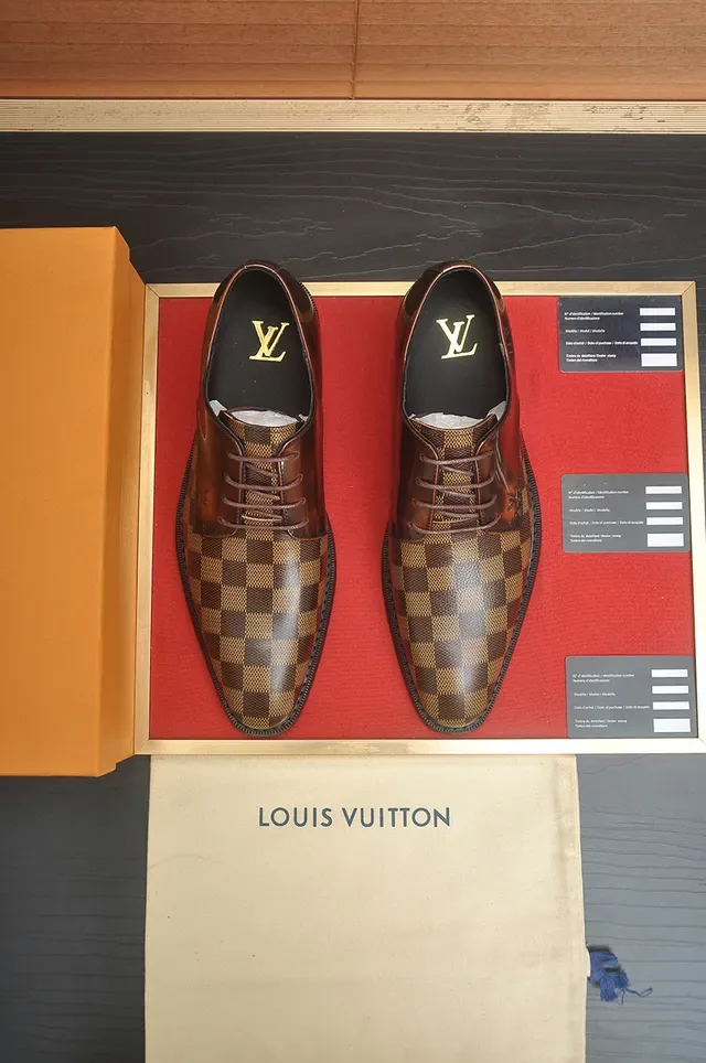 Louis Vuitton Chaussures Oxford Cuir Poli Marron Beige Damier Check Panneaux Canvas 5