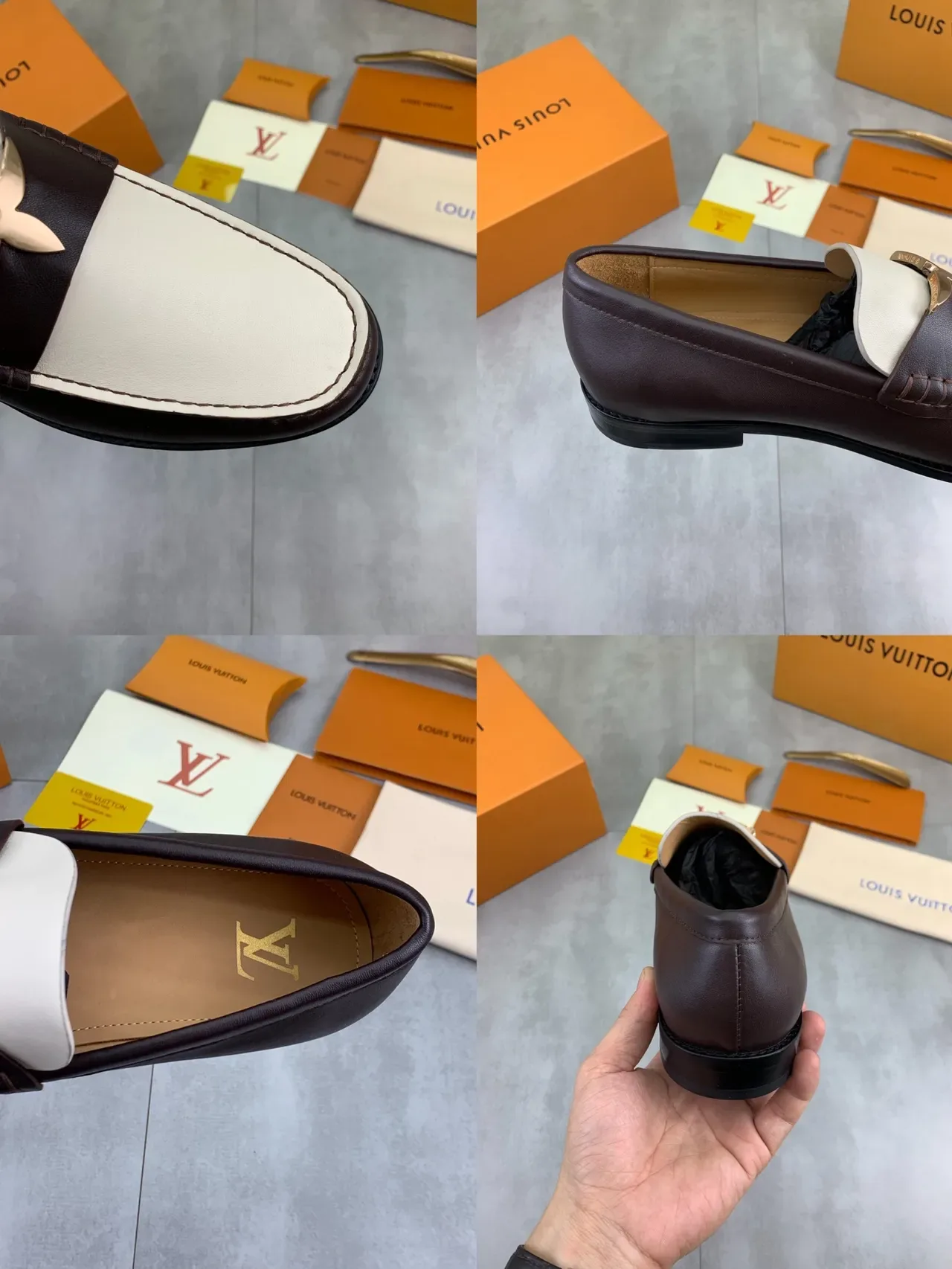 Louis Vuitton Brown Beige Two-Tone Leather Metal Horsebit Buckle Loafer 3