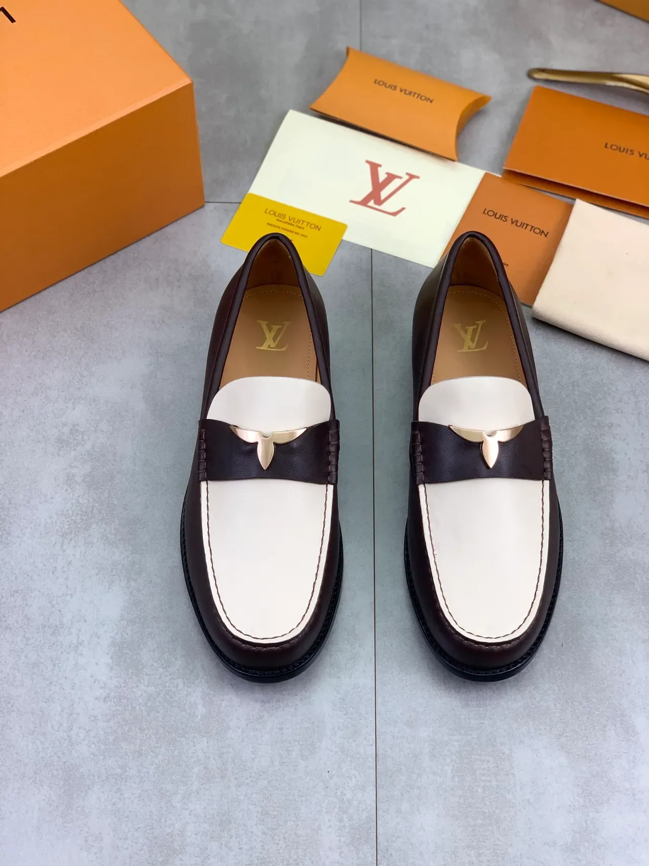 Louis Vuitton Brown Beige Two-Tone Leather Metal Horsebit Buckle Loafer 5