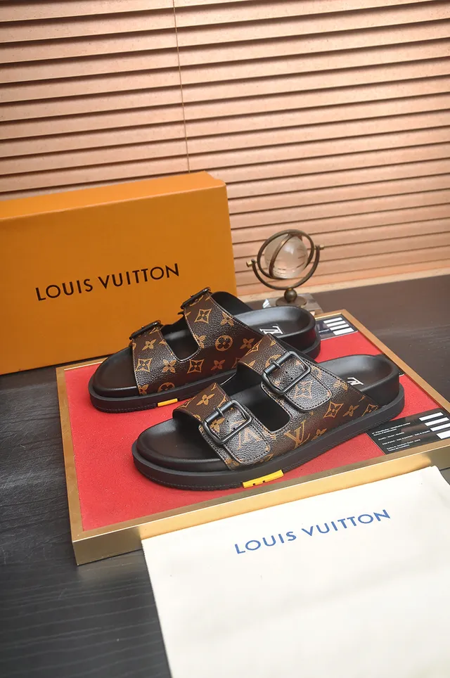 Sandales casuales Louis Vuitton toile monogram sangle double boucle marron noir 4