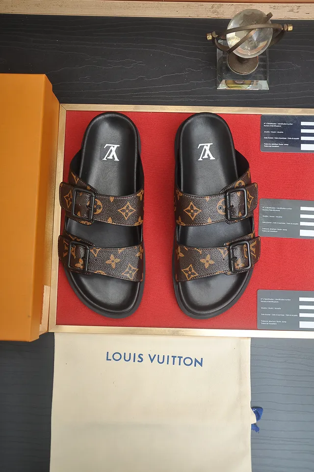 Sandales casuales Louis Vuitton toile monogram sangle double boucle marron noir 5