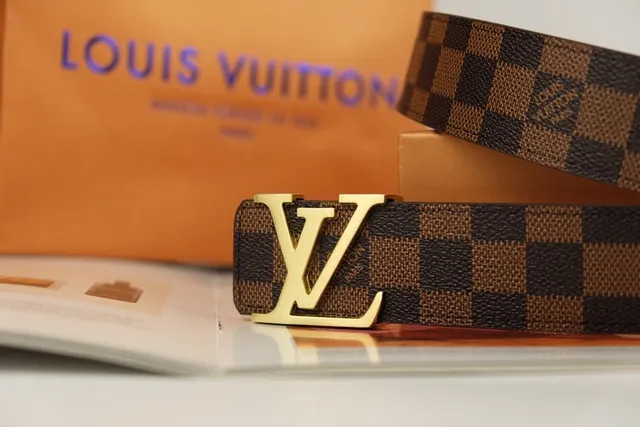 Louis Vuitton Ceinture en cuir marron doré Damier Ebène toile à carreaux LV Monogram boucle 4