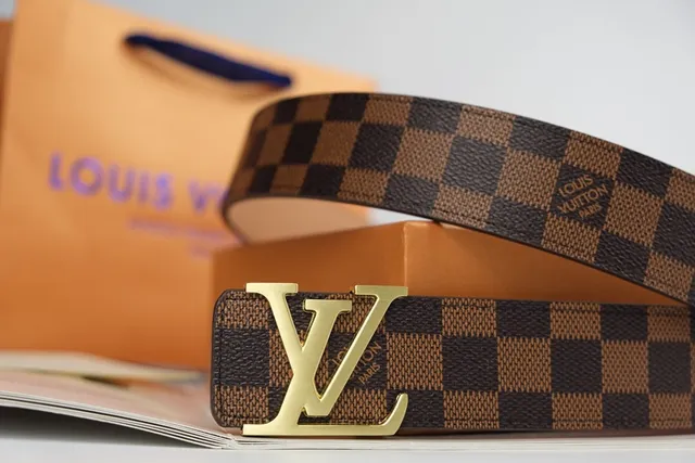 Louis Vuitton Ceinture en cuir marron doré Damier Ebène toile à carreaux LV Monogram boucle 5