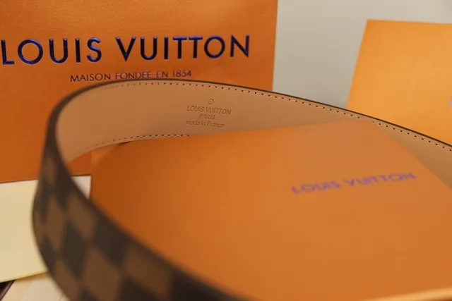 Louis Vuitton Ceinture en cuir marron doré Damier Ebène toile à carreaux LV Monogram boucle 6