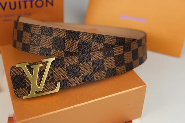 Louis Vuitton Ceinture en cuir marron doré Damier Ebène toile à carreaux LV Monogram boucle 7