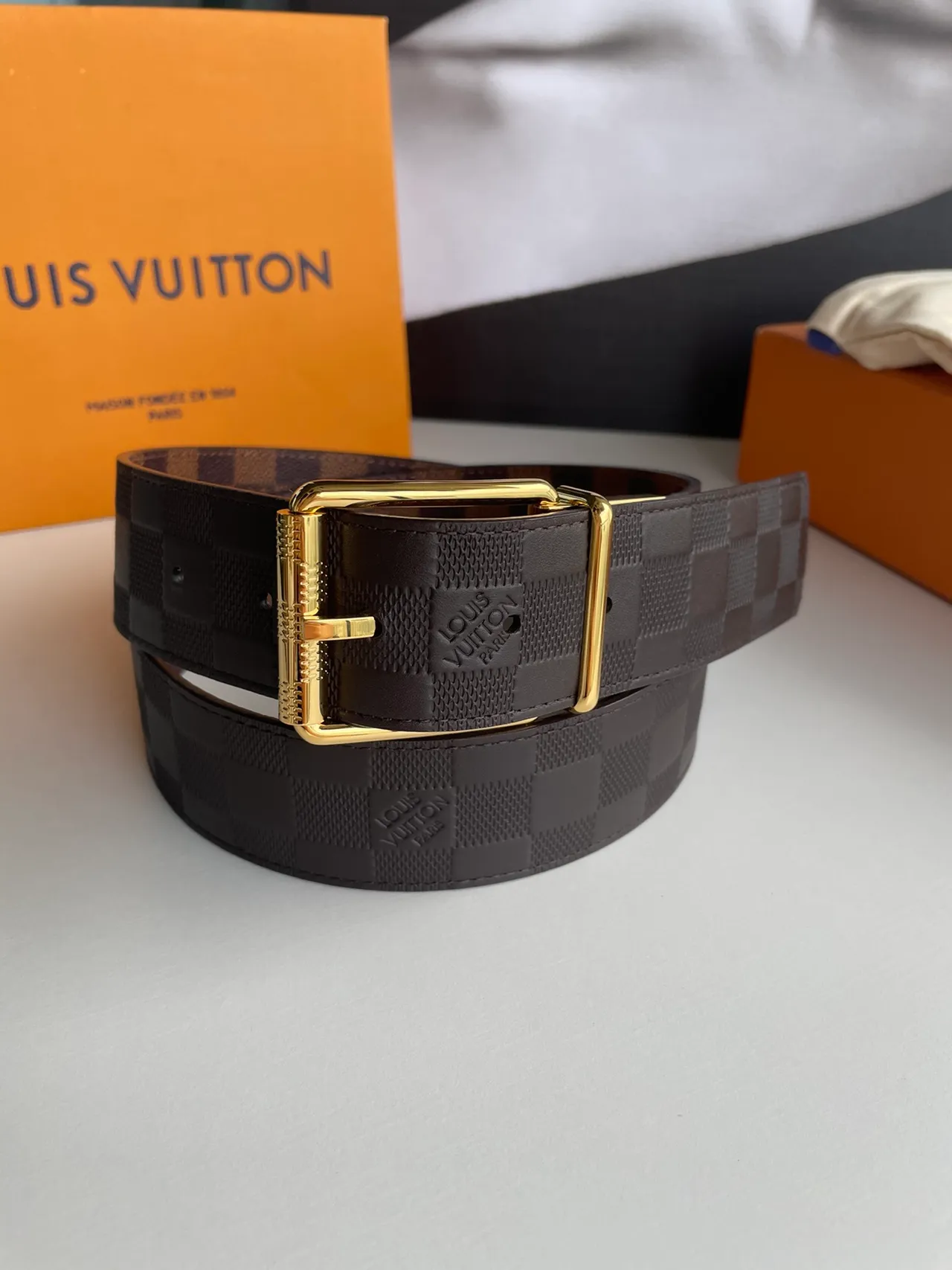 Louis Vuitton Brown Gold Damier Ebène Checkered Canvas Reversible Design Leather Belt 3