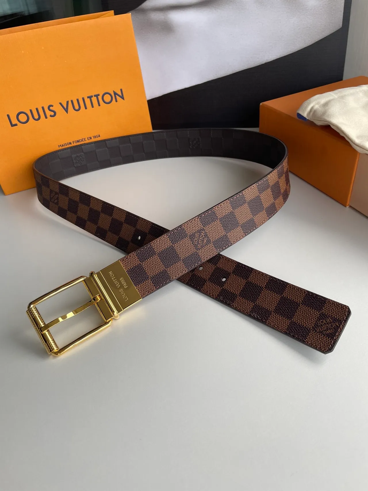 Louis Vuitton Brown Gold Damier Ebène Checkered Canvas Reversible Design Leather Belt 6