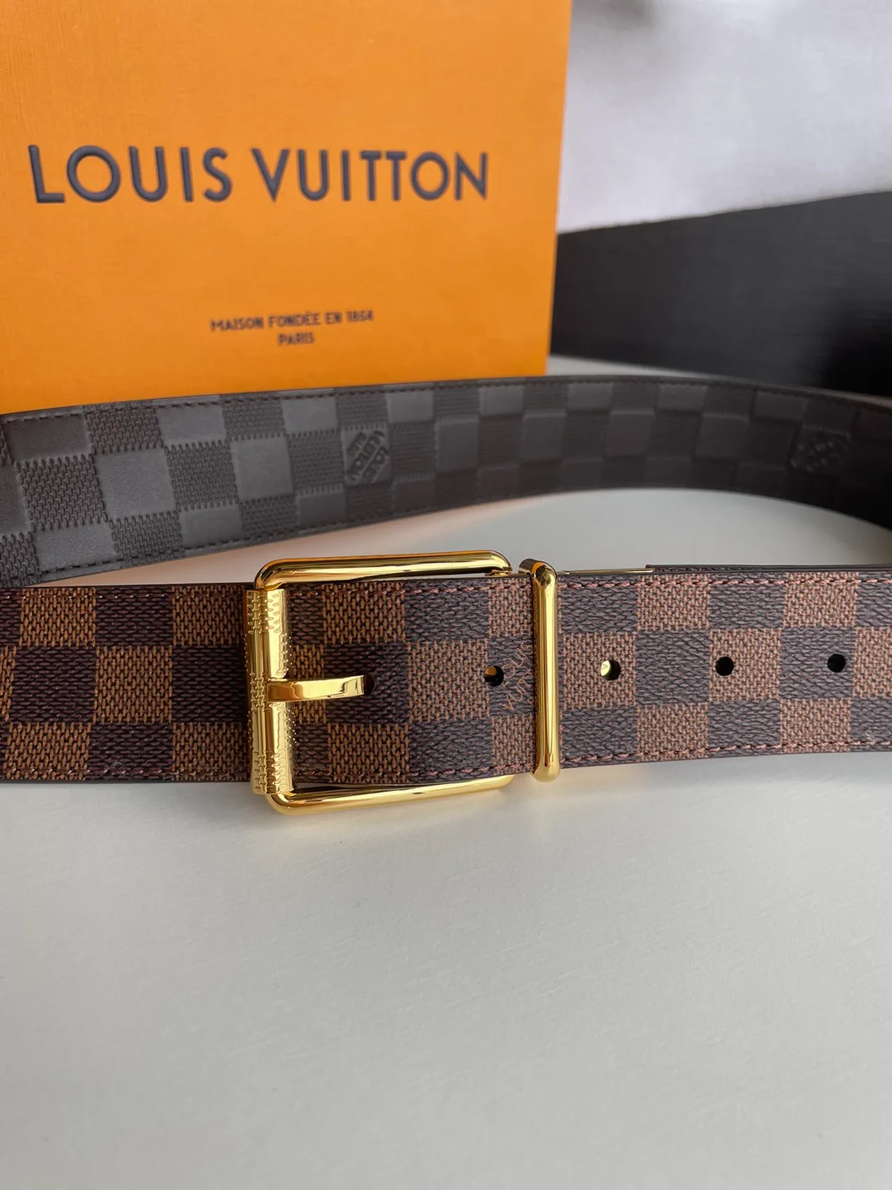 Louis Vuitton Brown Gold Damier Ebène Checkered Canvas Reversible Design Leather Belt 7