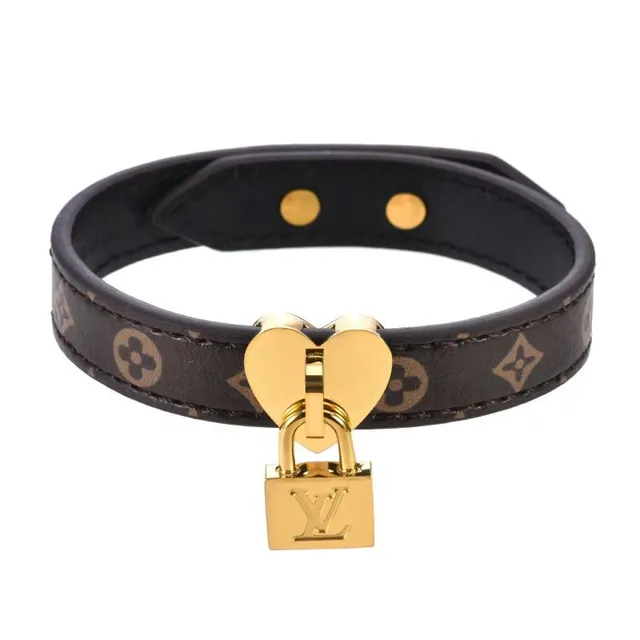 Louis Vuitton Brown Gold Monogram-Coated Leather Heart-Shaped Clasp Bracelet 3