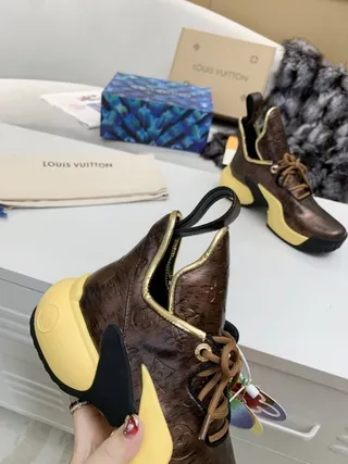 Louis Vuitton Brown Yellow Monogrammed Metallic Leather Sculpted Sole Chunky Sneakers 2