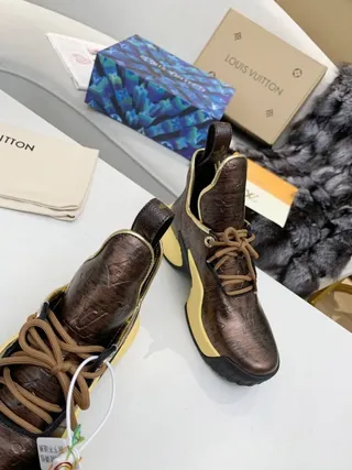 Louis Vuitton Brown Yellow Monogrammed Metallic Leather Sculpted Sole Chunky Sneakers 3