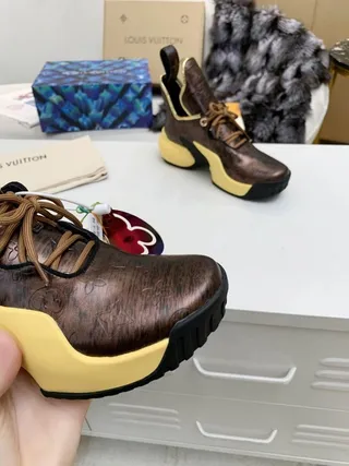 Louis Vuitton Brown Yellow Monogrammed Metallic Leather Sculpted Sole Chunky Sneakers 4