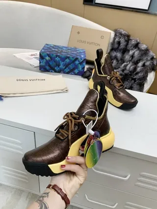 Louis Vuitton Brown Yellow Monogrammed Metallic Leather Sculpted Sole Chunky Sneakers 5